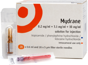 image of a box of Mydrane with a single blister packed ampoule and single filter needle in front