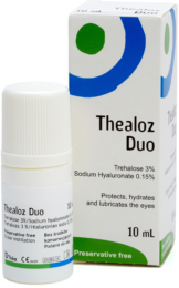 image of a box of Thealoz Duo 10ml with the ABAK bottle containing the drops in front