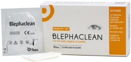 Image of a box of Blephaclean wipes with an individual foil wrapped wipe and a wipe in front