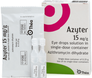 image of a box of Azyter eye drops, the blister pack inside and two unit doses